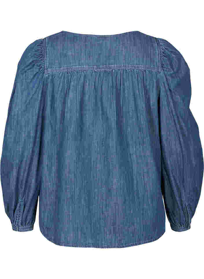 Denimbluse med lange puffermer, Blue denim, Packshot image number 1