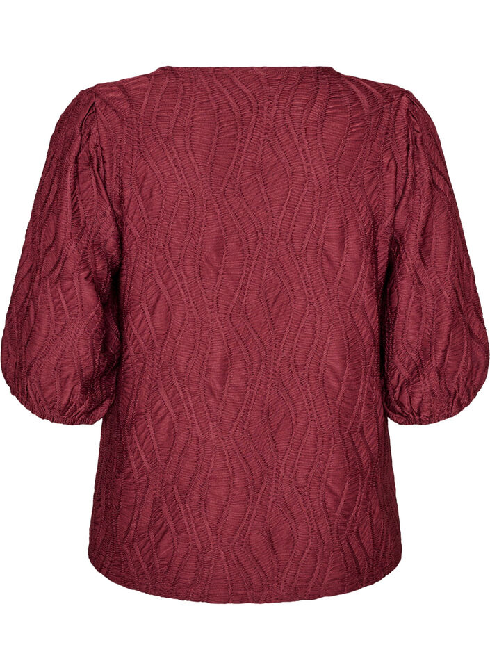 Bluse med tekstur og 3/4 ermer, R&oslash;d, Packshot image number 1