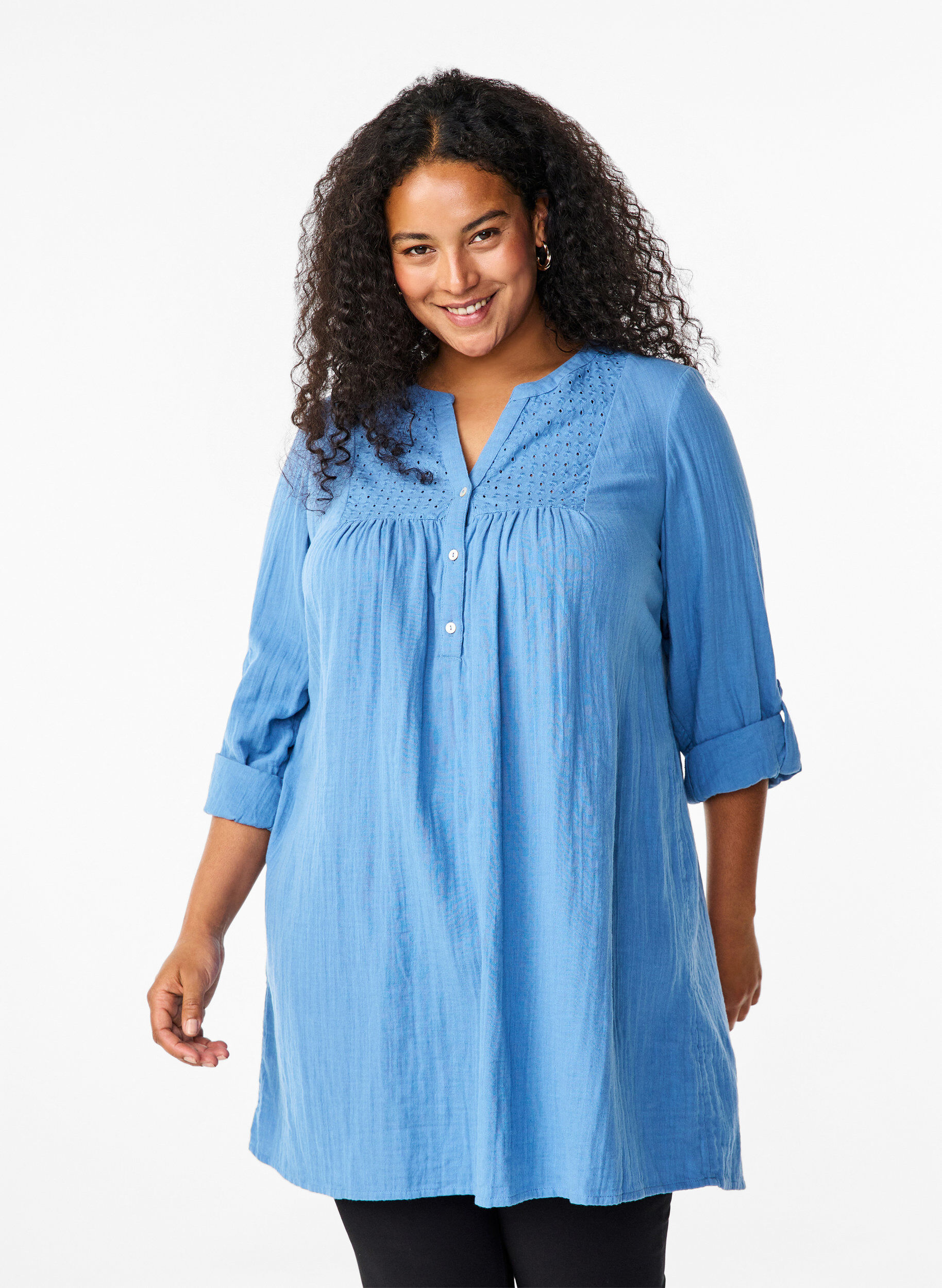 Zizzi Tunika i bomull med engelsk broderi, Riverside, Model image number 0