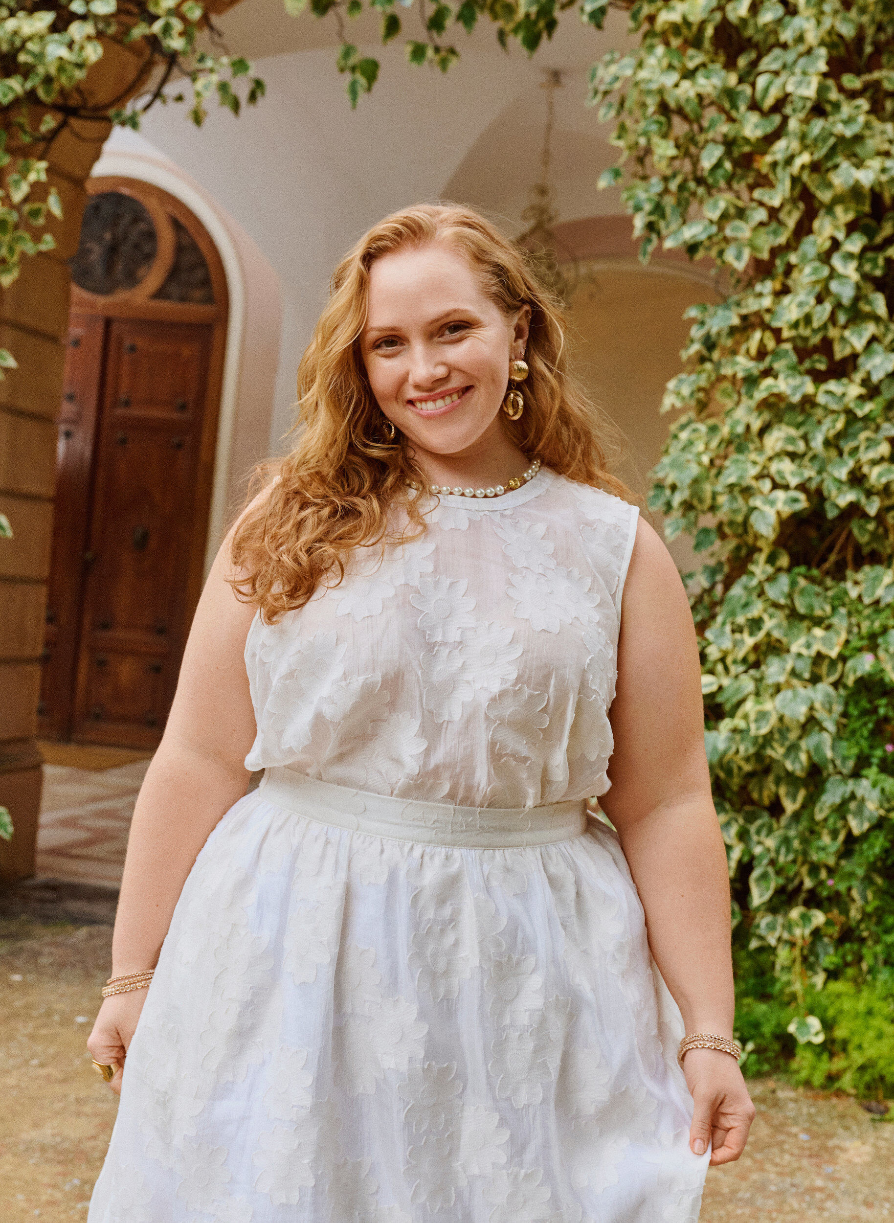 Ermel&oslash;s topp i jacquard med en blomstrete tekstur