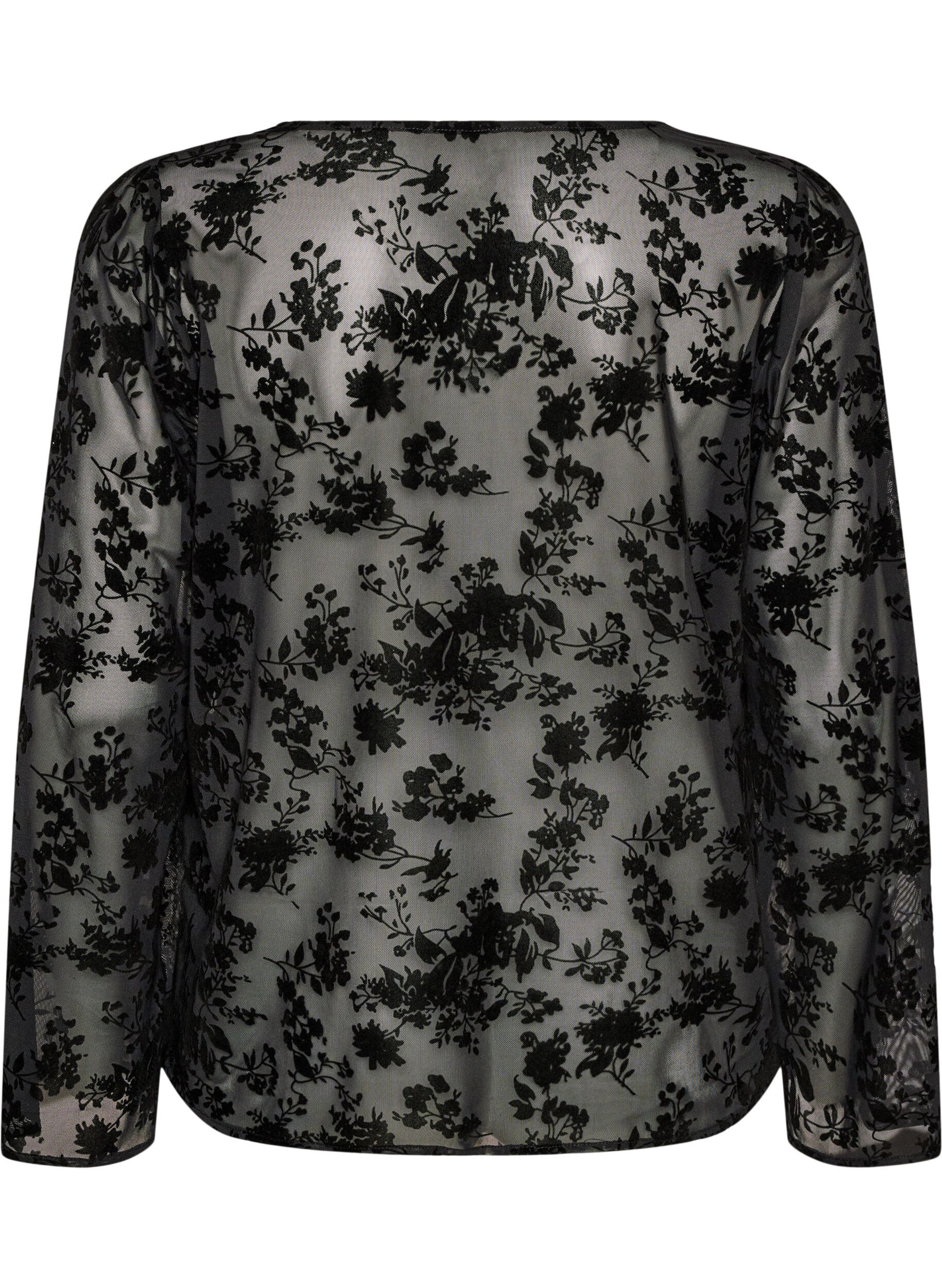 ZizziMeshbluse med blomstertrykk og &aring;pen front, Svart, Packshot image number 1