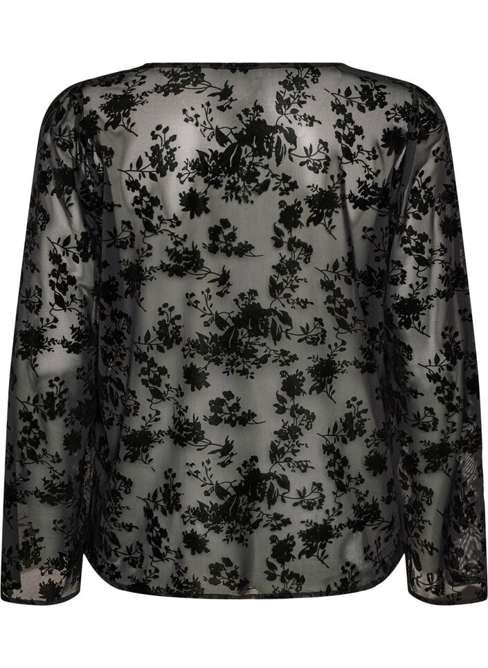 Meshbluse med blomstertrykk og &aring;pen front, Svart, Packshot image number 1