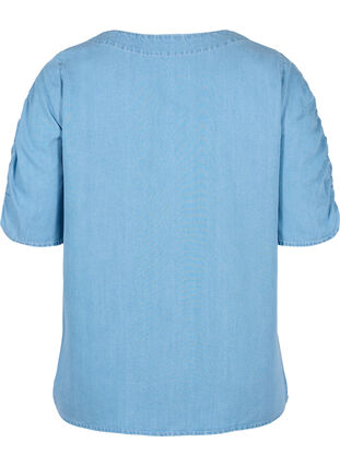 Bluse med draperte ermer, Light blue denim, Packshot image number 1