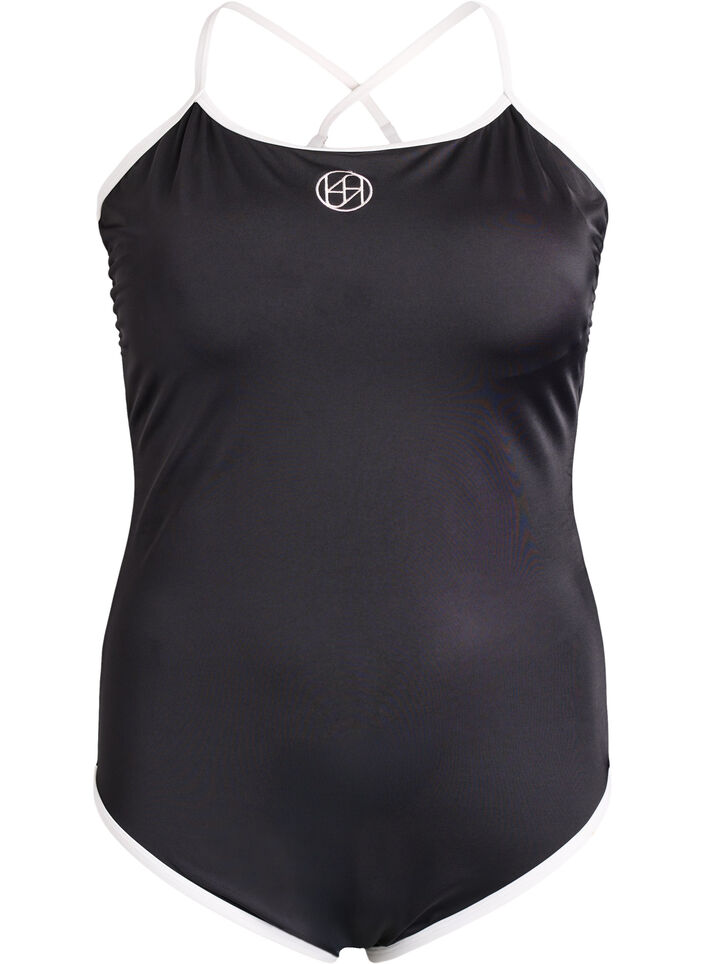 Sportsbadedrakt med kontrastkant og kryssende stropper, Svart, Packshot image number 0