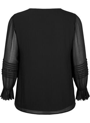Bluse med V-hals og ermer med volanger, Black, Packshot image number 1