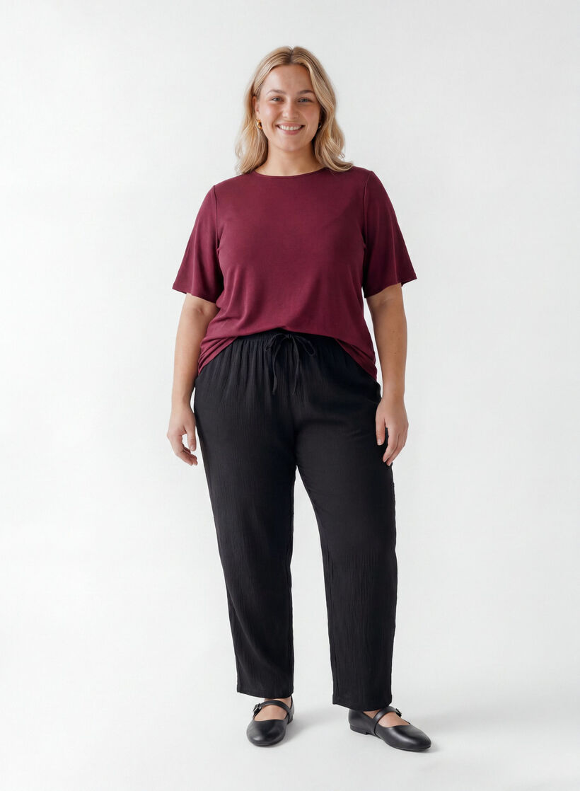 Vevet bluse med korte ermer og rund hals, R&oslash;d, Model image number 1
