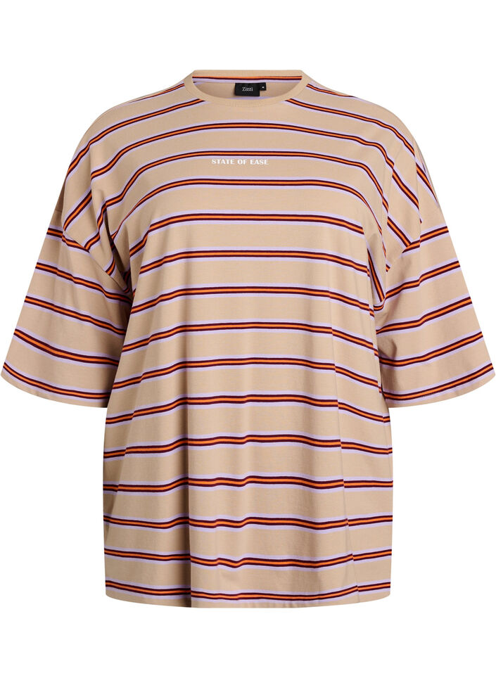 Oversized T-skjorte med striper og 1/2 ermer, Beige, Packshot image number 0