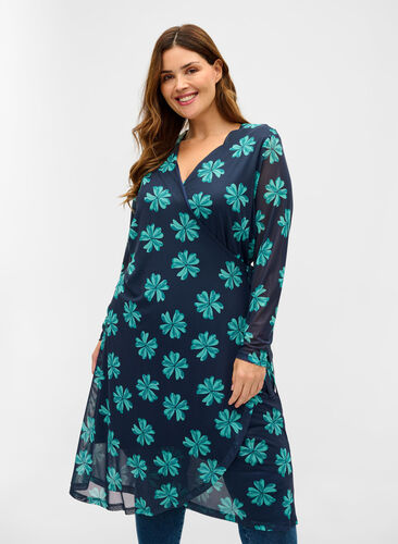 Mønstrete meshkjole med omslagseffekt, Night Sky w Green , Model image number 0