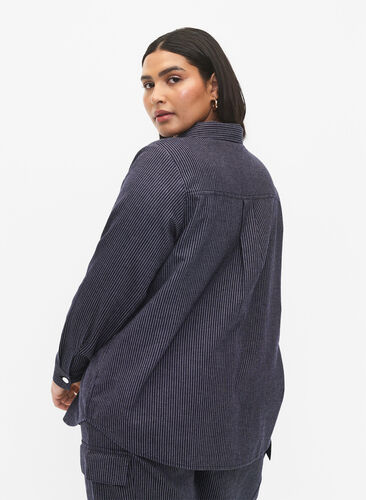 Zizzi Nålestripete bomullsskjorte, Dark Blue Stripe, Model image number 1
