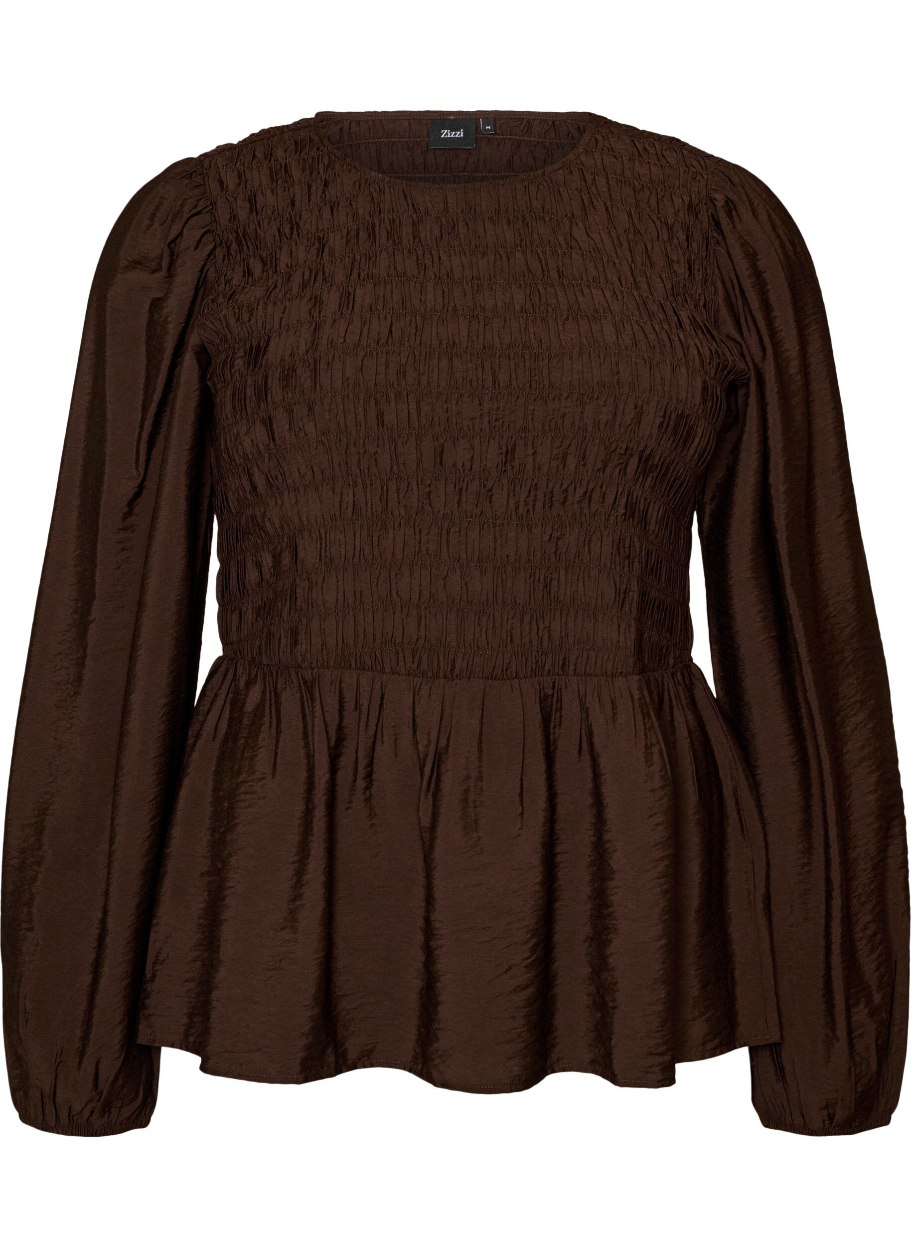 ZizziBluse med smock og lange ermer, Brun, Packshot image number 0