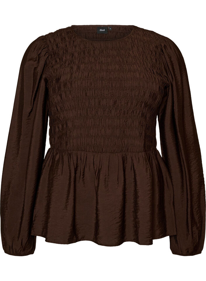 Bluse med smock og lange ermer, Brun, Packshot image number 0