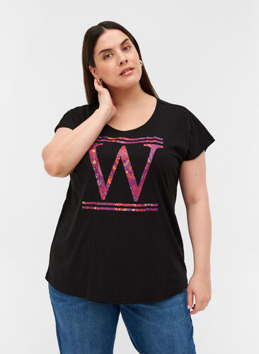 T-skjorte i bomull med et fargerikt trykk, Black W, Model image number 0