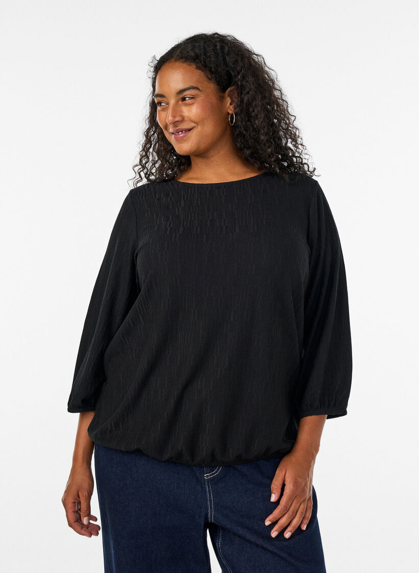 Bluse med tekstur og 3/4 ermer, Svart, Model image number 0