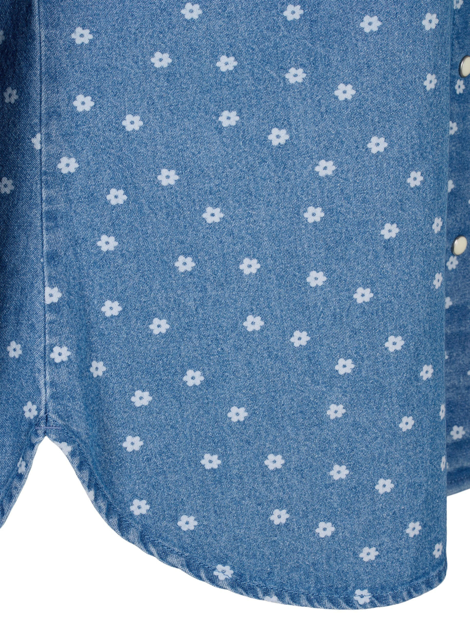 Zizzi Blomstret denimskjorte med brystlomme, Light Blue w.Flowers, Packshot image number 3