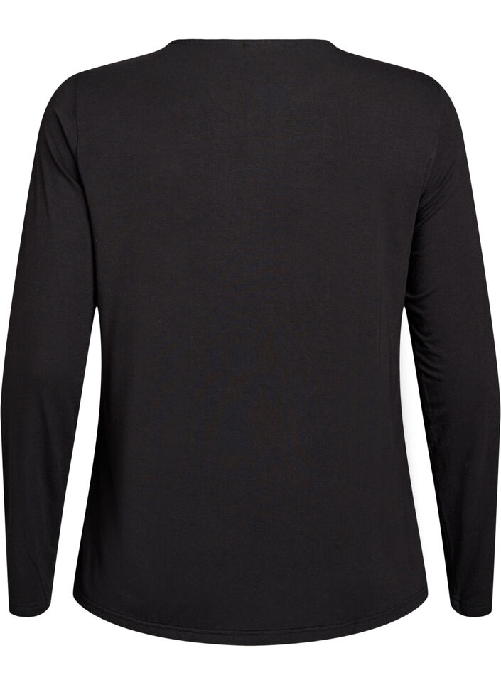 Ensfarvet bluse med lange ermer, Svart, Packshot image number 1