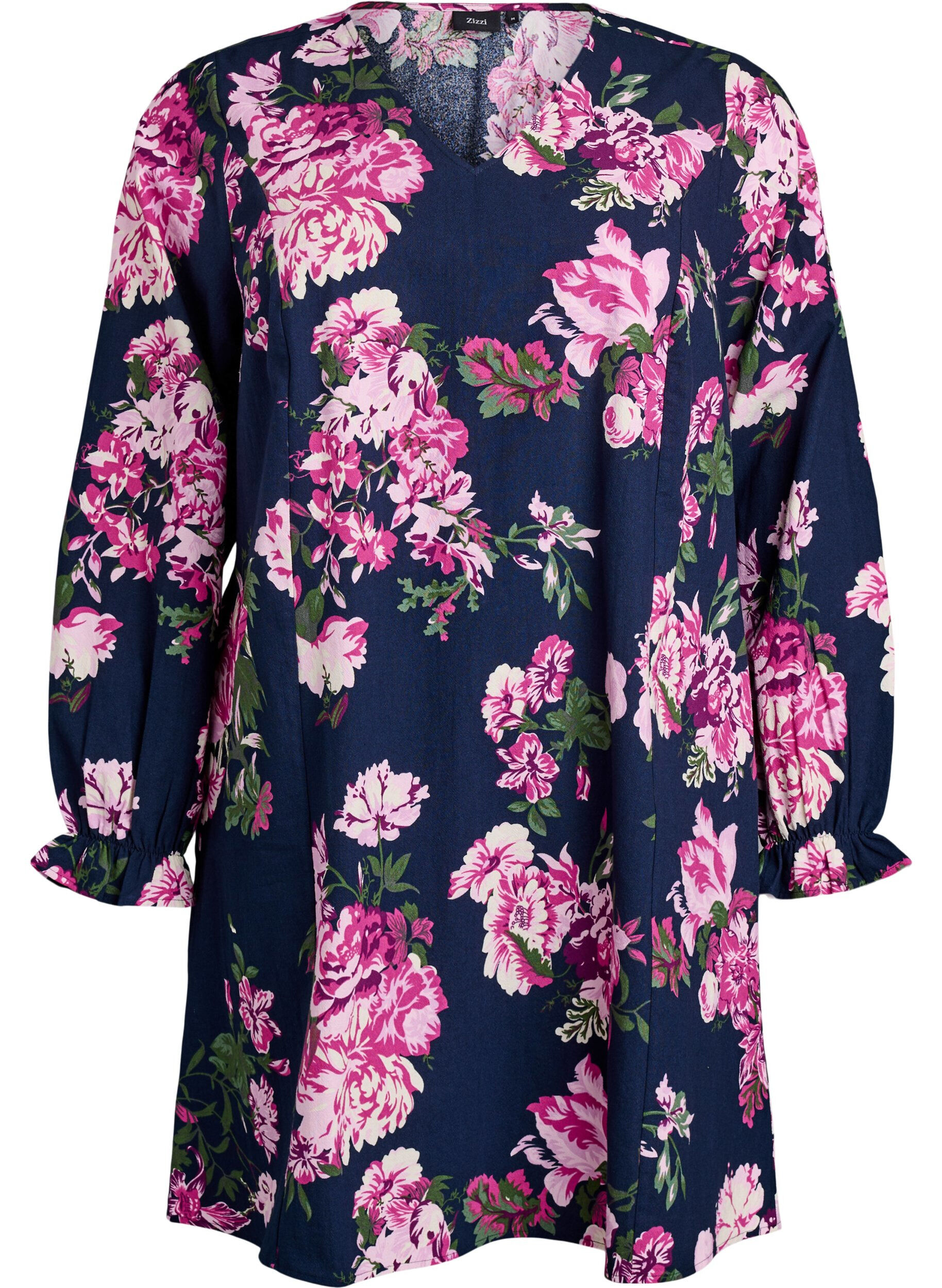 Kort bomullskjole med V-hals og lange ermer