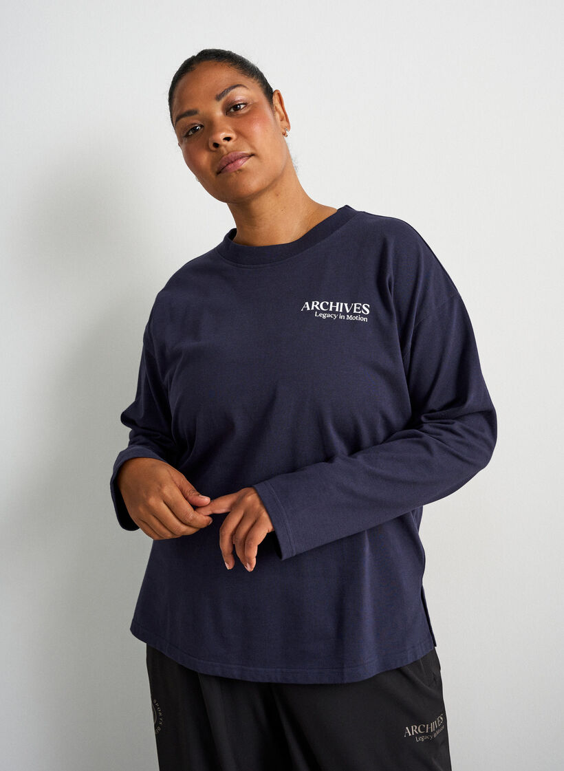 Langermet jerseybluse med teksttrykk, Bl&aring;, Model image number 0