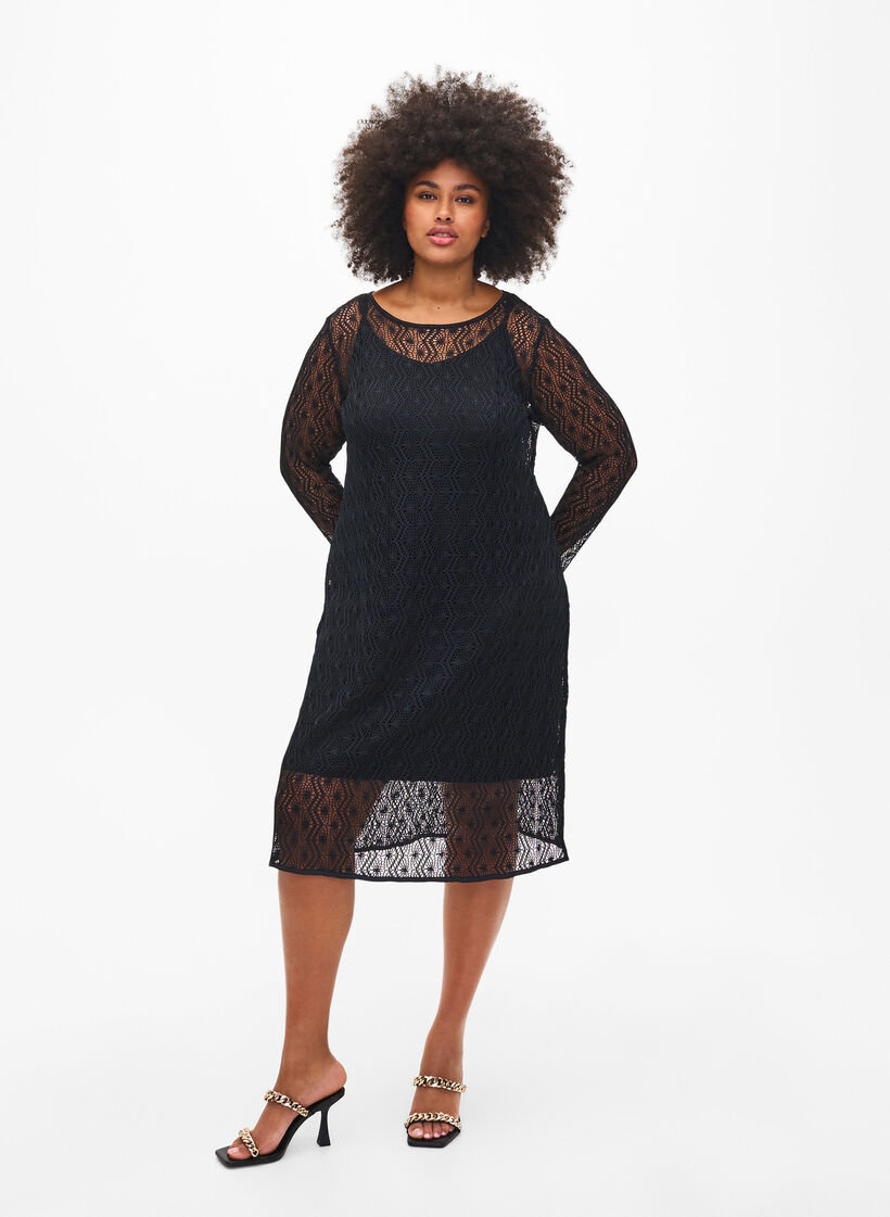 Heklet kjole med lange ermer, Black, Model image number 0