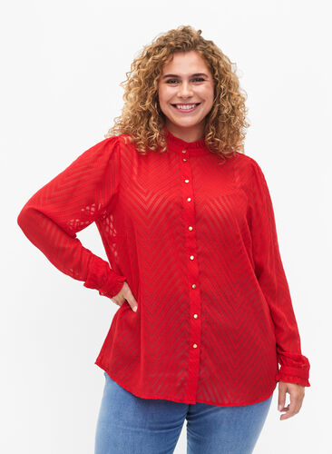 Skjortebluse med volanger og mønstret tekstur, Tango Red, Model image number 0