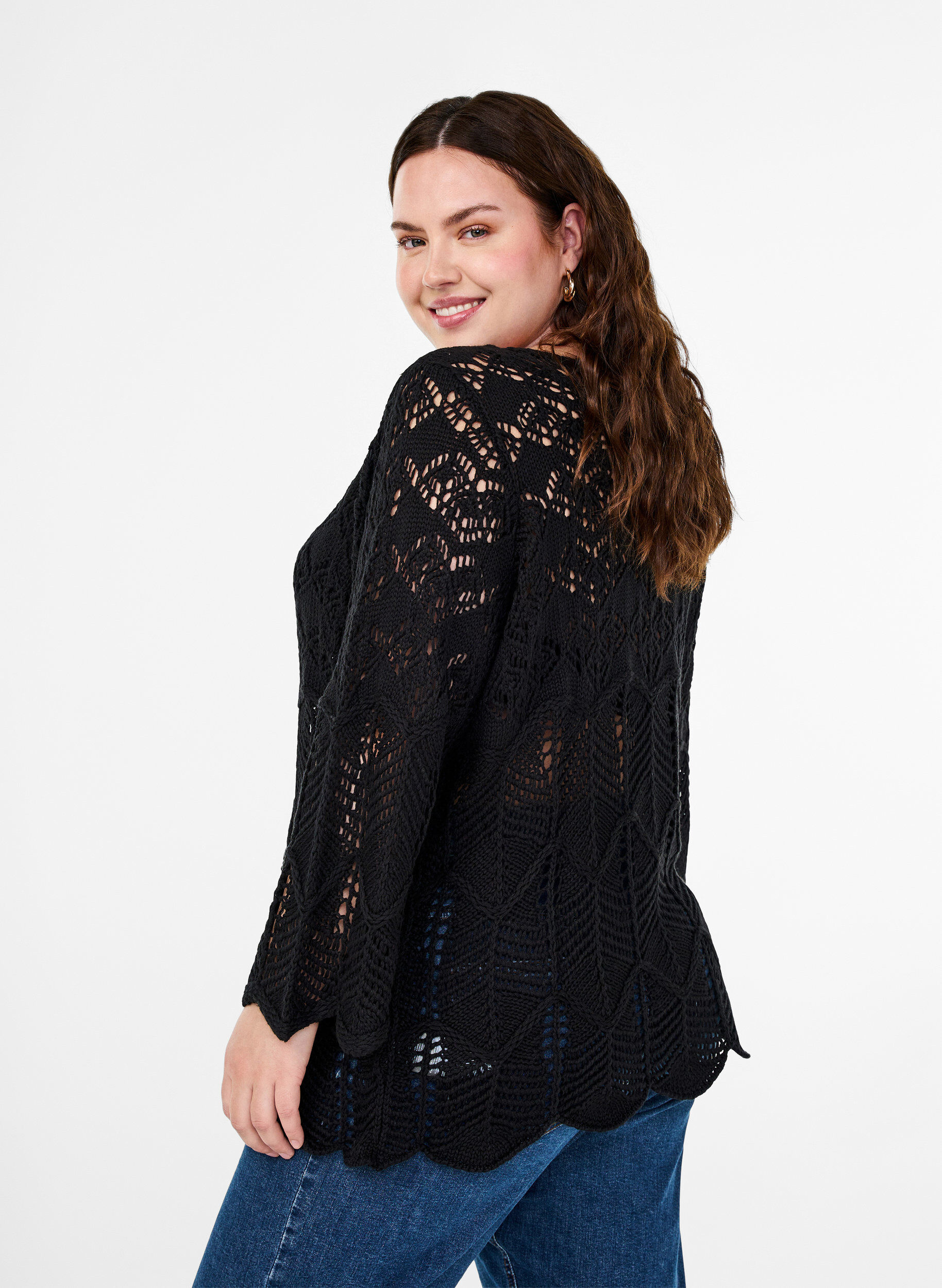 Zizzi Strikket bluse med hullm&oslash;nster, Black, Model image number 1