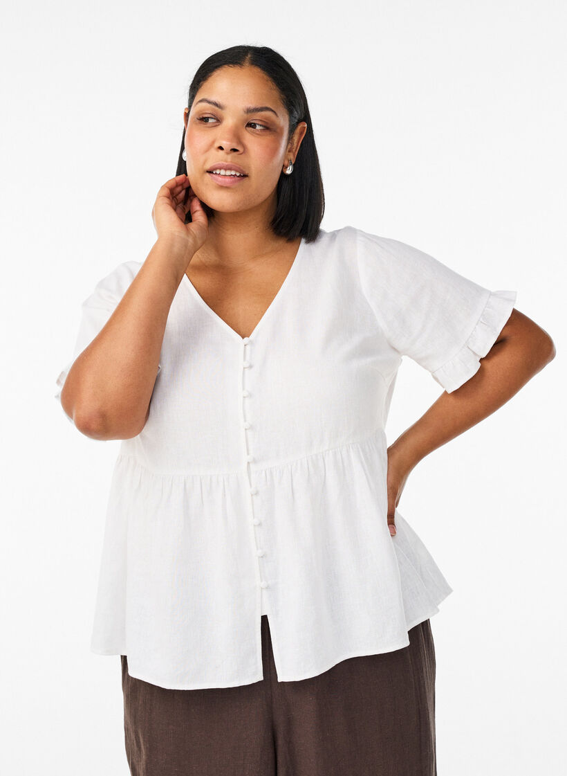 Bluse i lin og viskose med V-hals og knappelukking, Hvit, Model image number 0