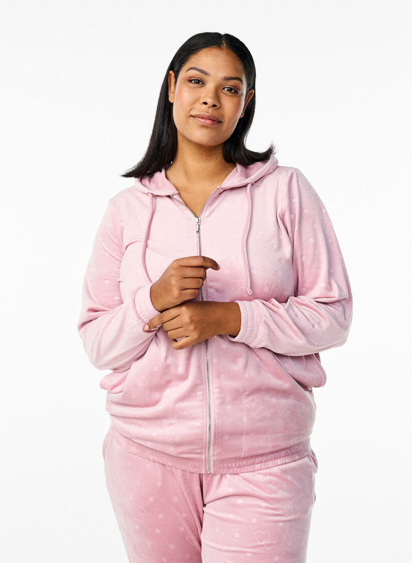 Velour cardigan med hette og lommer, Rosa, Model image number 0