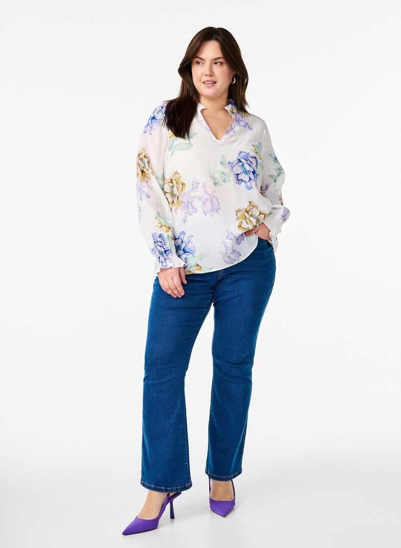 Plissert bluse med lange ermer og blomstertrykk, Hvit, Model image number 1