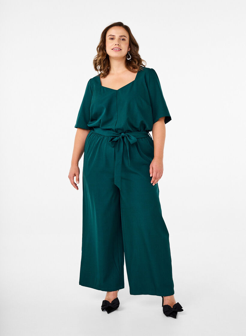 Jumpsuit med belte og korte ermer, Sea Moss Melange, Model image number 0