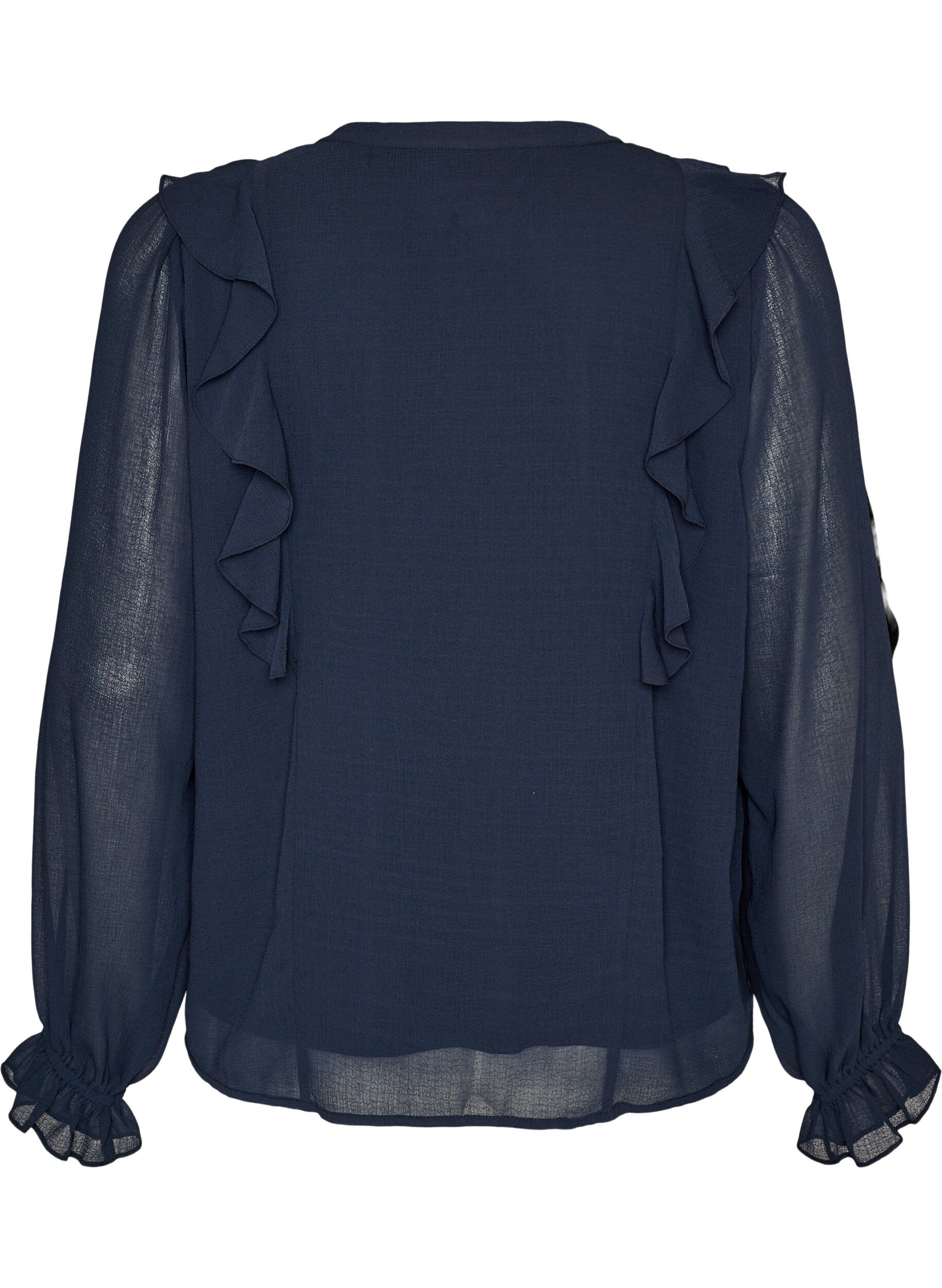 ZizziGjennomsiktig bluse med volanger og knyte-lukking, Bl&aring;, Packshot image number 1