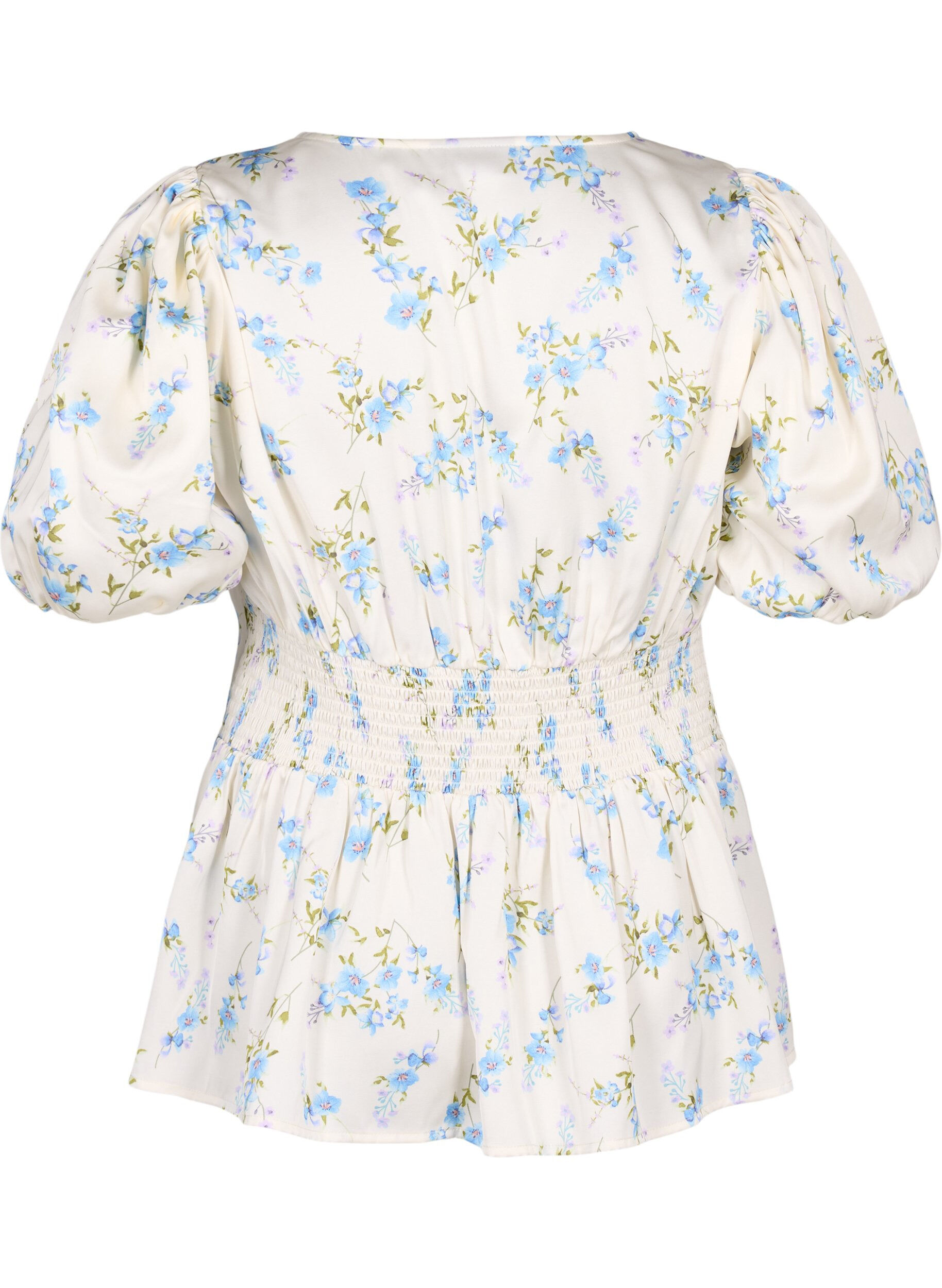 Zizzi Blomstret satengbluse med puffermer, Off White Blue Fl., Packshot image number 1