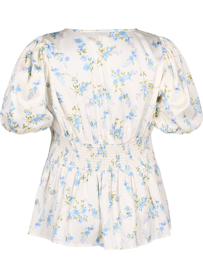 Blomstret satengbluse med puffermer, Off White Blue Fl., Packshot image number 1