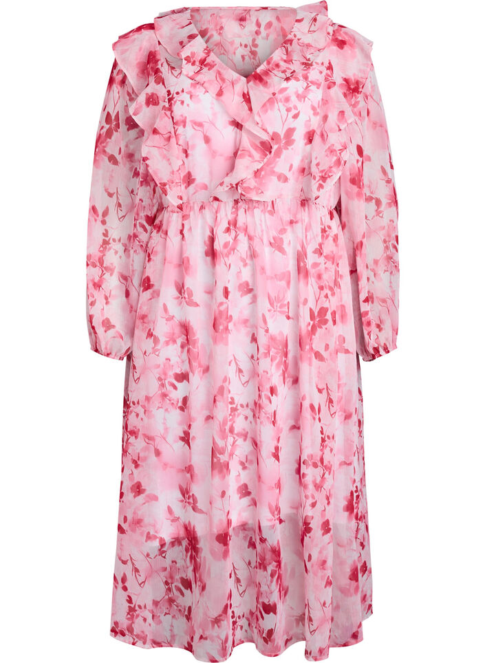 Chiffonkjole med blomsterprint, volanger og lange ermer, Rosa, Packshot image number 0