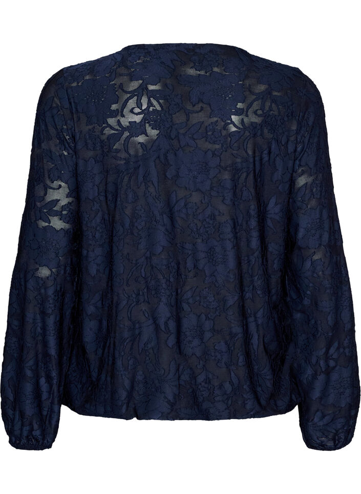 Gjennomsiktig bluse med blomstertekstur og lange ermer, Bl&aring;, Packshot image number 1