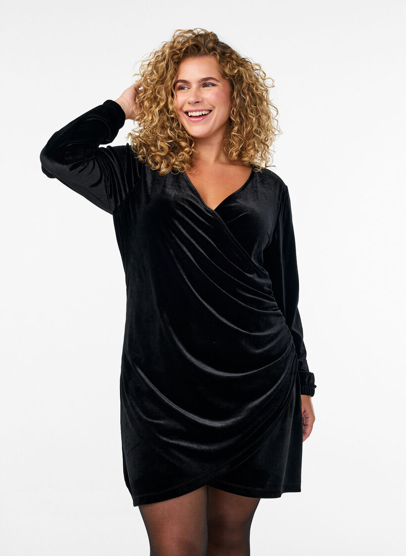 Kort velurkjole med wrap-effekt, Svart, Model