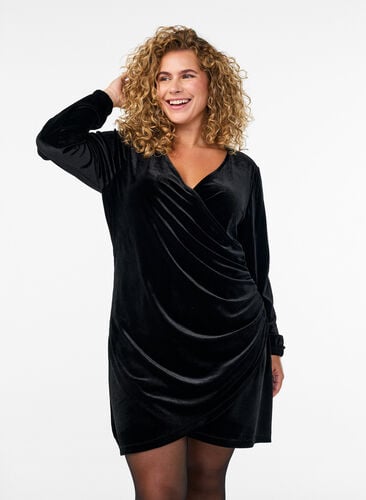 Zizzi Kort velurkjole med wrap-effekt, Svart, Model image number 0