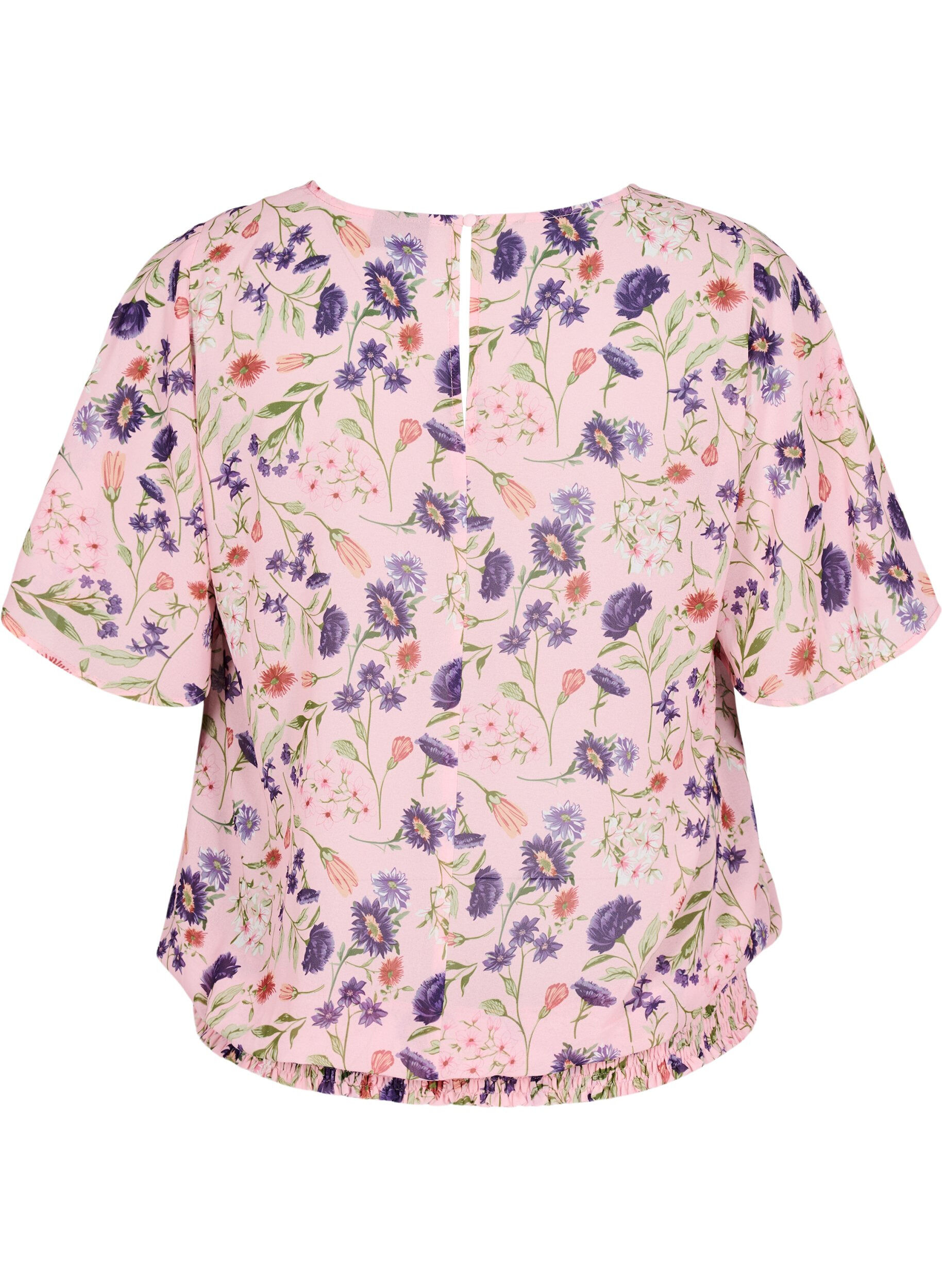 Zizzi Bluse med blomstertrykk, korte ermer og smocking, Rosa, Packshot image number 1