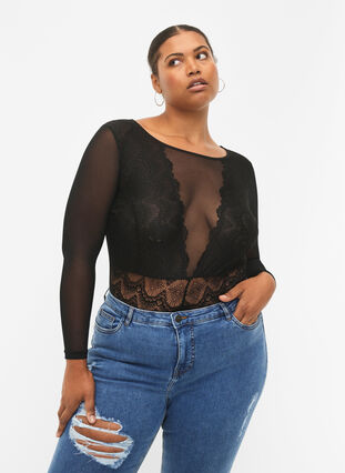 Bodystocking med blondekant og mesh, Black, Model image number 0