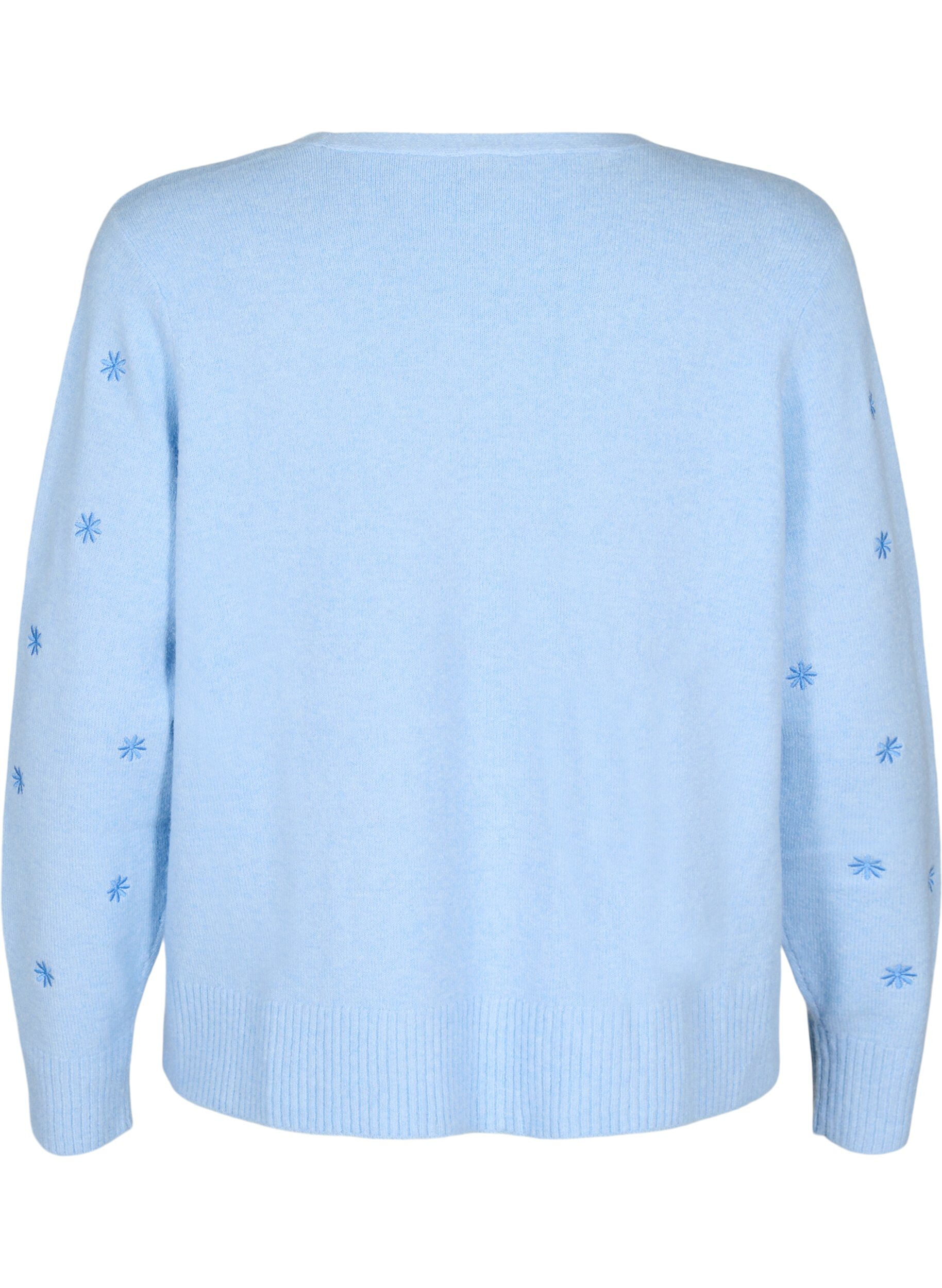 Zizzi Strikket cardigan med knytedetaljer og broderi, Cashmere Blue Comb, Packshot image number 1
