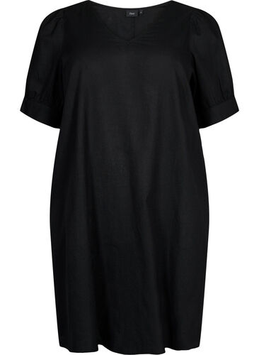 Kjole med V-hals i bomullsmiks med lin, Black, Packshot image number 0