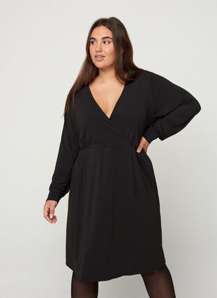 Langermet kjole med V-hals, Black, Model image number 0