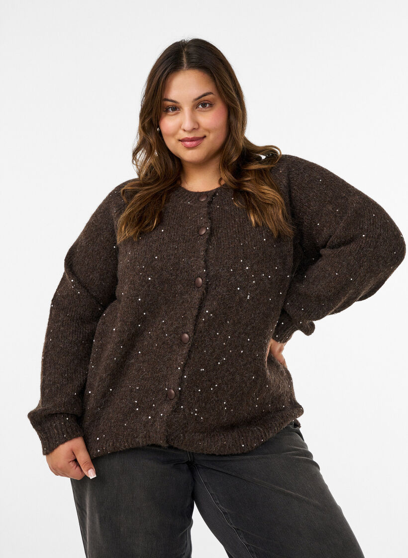 Cardigan med paljetter og knapper, Brun, Model image number 0