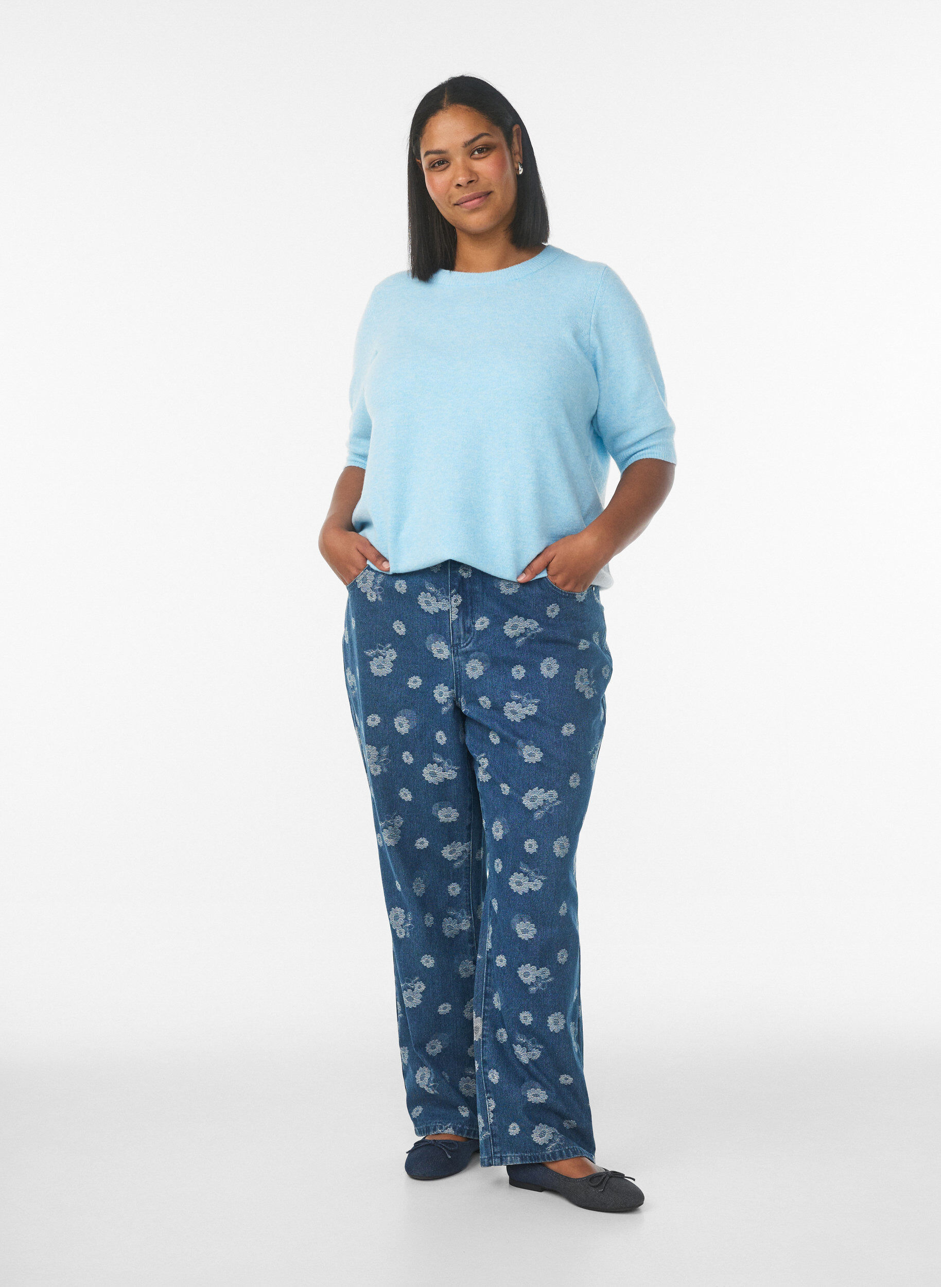 Strikkebluse med korte ermer, Bl&aring;, Model