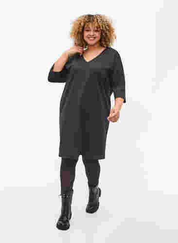 Melert kjole med 3/4-ermer og V-hals, Dark Grey Mel., Model image number 2