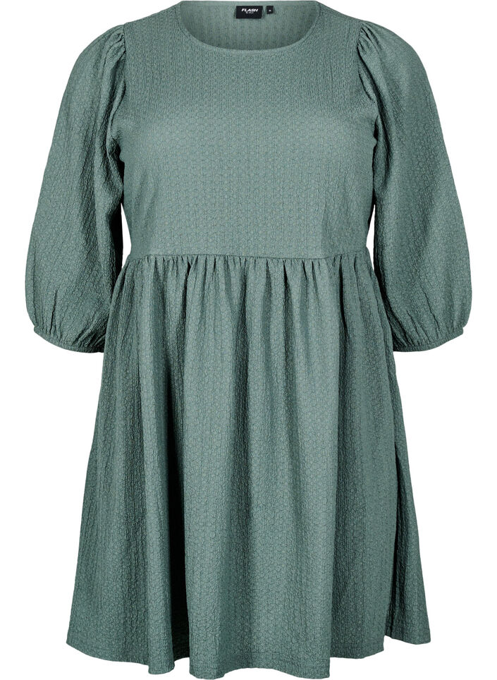 FLASH - Kort kjole med tekstur og 3/4 ermer, Balsam Green, Packshot image number 0