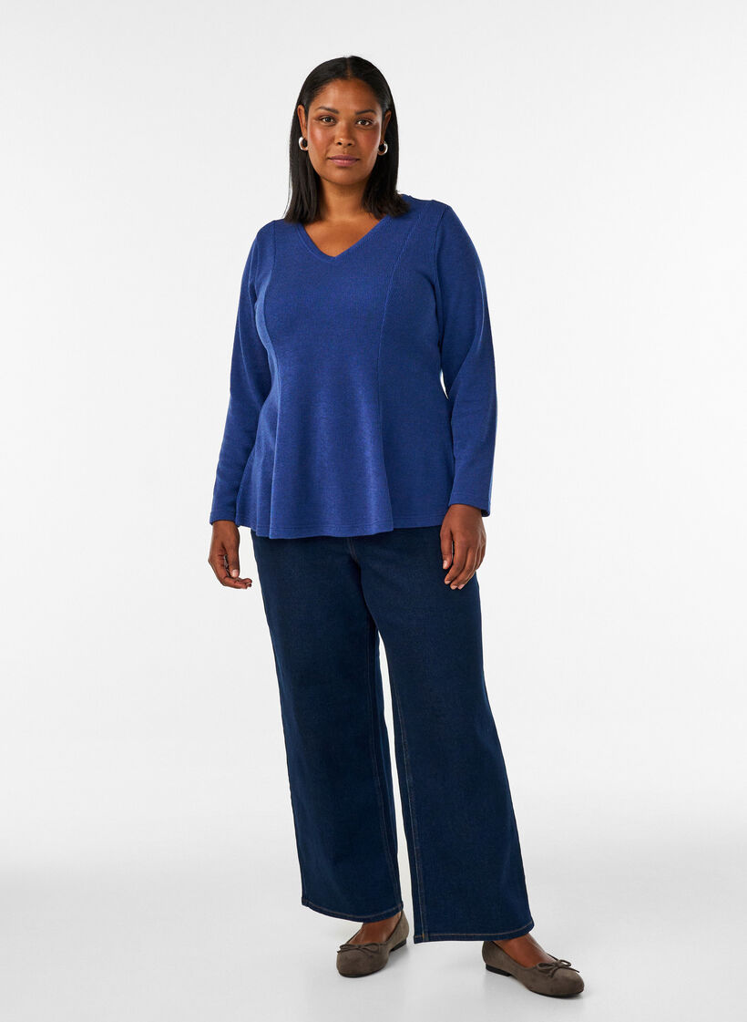 Jersey bluse med ribbet tekstur og A-linje passform, Bl&aring;, Model image number 1
