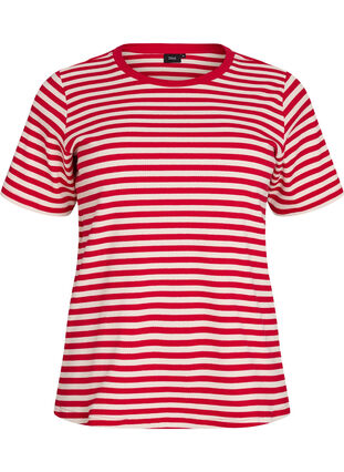 Zizzi T-shirt med striper og ribbestrikket struktur, Rød, Packshot image number 0