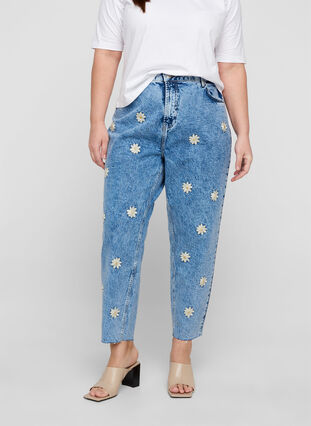 Mom fit Mille jeans med blomster, Blue denim w. flower, Model image number 1