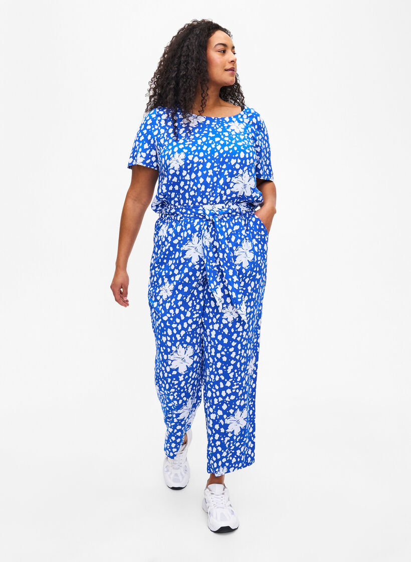 FLASH - Kortermet bluse i viskose med trykk, Blå, Model image number 1