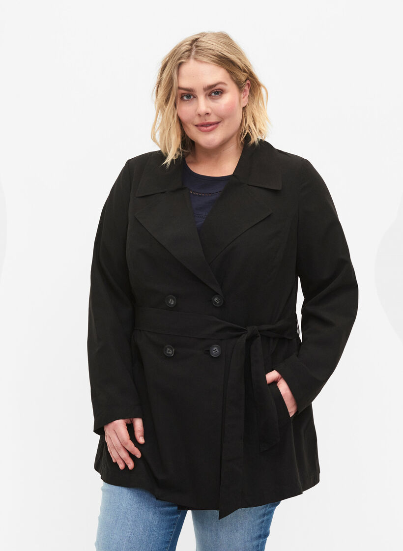 Trenchcoat med belte og lommer, Black, Model image number 0