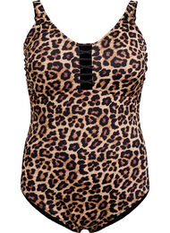 Badedrakt med dyretrykk og stringdetaljer, Leopard AOP